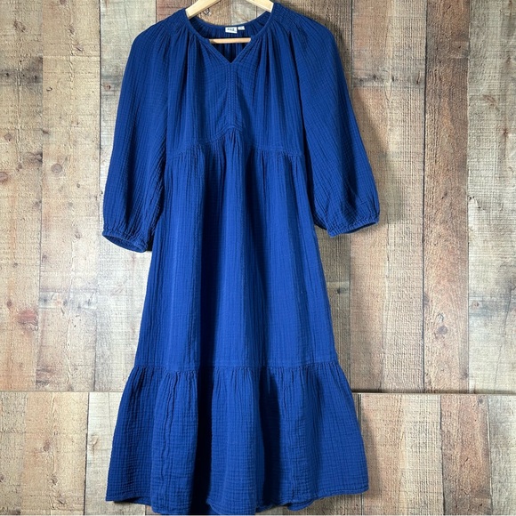 GAP Dresses & Skirts - GAP Blue Gauze Medium Midi Dress Boho Tiered Peasant V Neck Cotton Cottagecore